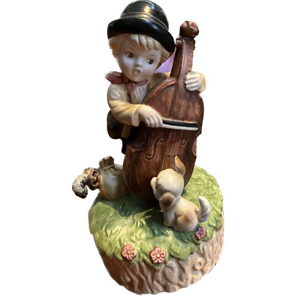 Porcelain Music Box VTG Expressive Boy Playing Cello for Dog Japan Music Decor - Picture 1 of 10